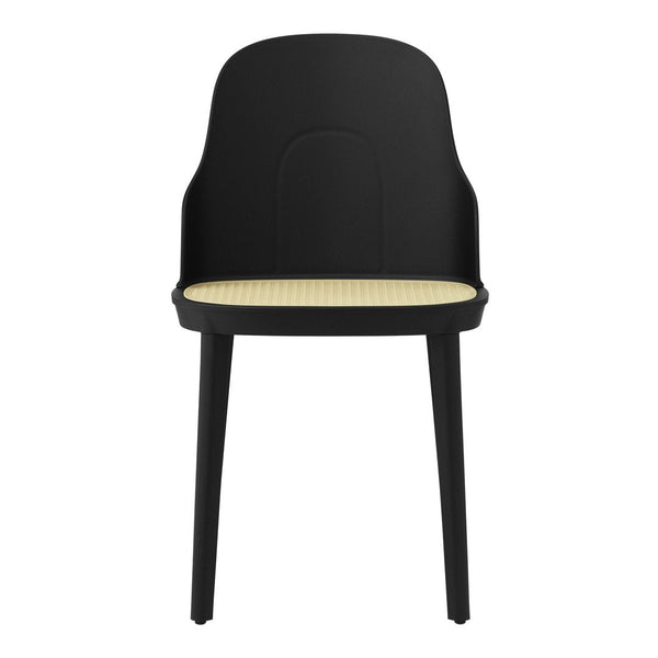 Black chair with a woven beige seat, featuring a smooth, modern design and minimalist aesthetic.