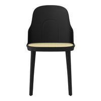 Black chair with a woven beige seat, featuring a smooth, modern design and minimalist aesthetic.