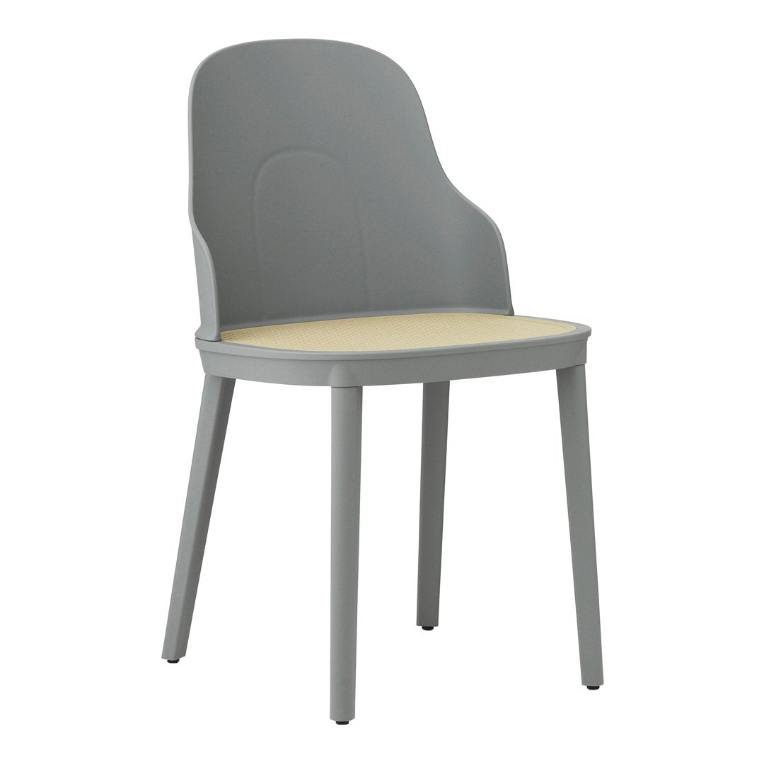 Gray plastic chair with a soft beige seat, featuring a smooth, modern design and minimalist aesthetic.