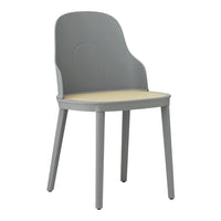 Gray plastic chair with a soft beige seat, featuring a smooth, modern design and minimalist aesthetic.