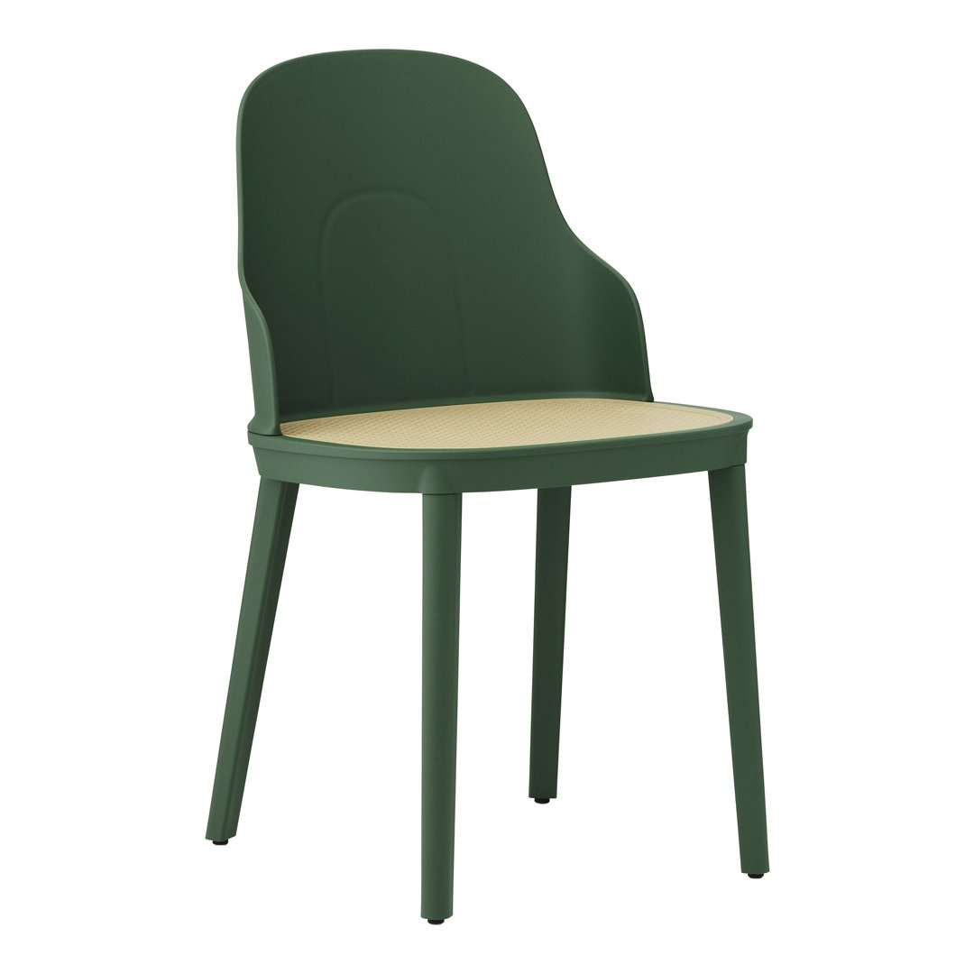 Green plastic chair with a smooth finish and a natural wood seat, perfect for modern decor.