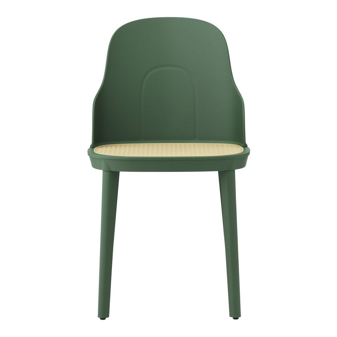 Green chair with a smooth finish and a light woven seat pattern, perfect for modern decor.