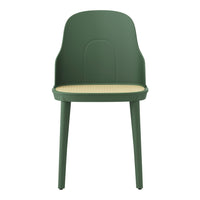 Green chair with a smooth finish and a light woven seat pattern, perfect for modern decor.