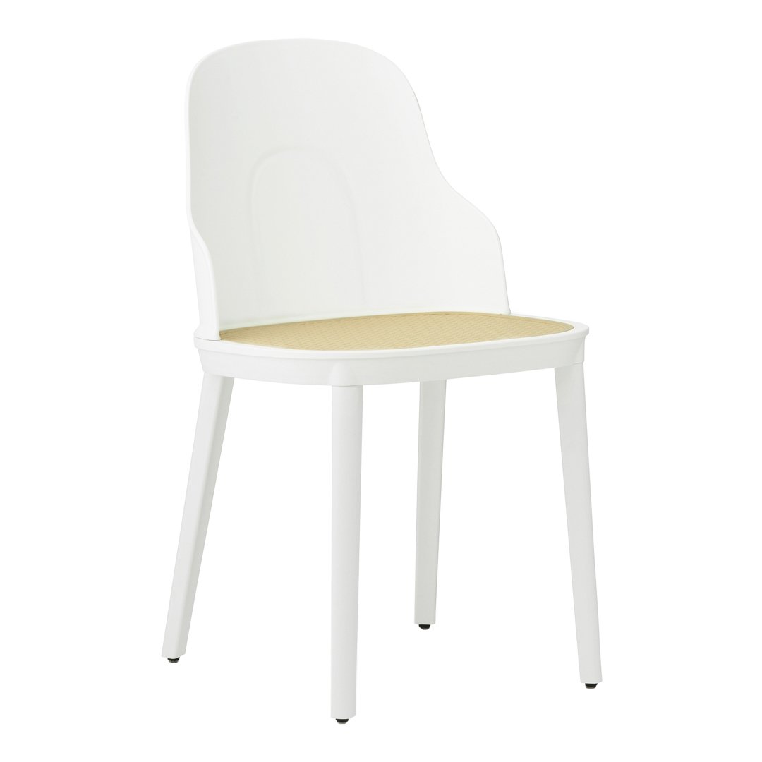 White chair with a light wooden seat, featuring a sleek, minimalist design and smooth, contemporary lines.