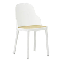 White chair with a light wooden seat, featuring a sleek, minimalist design and smooth, contemporary lines.