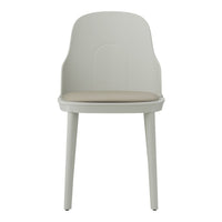 Light gray chair with a smooth finish and beige padded seat, featuring a minimalist design and clean lines.