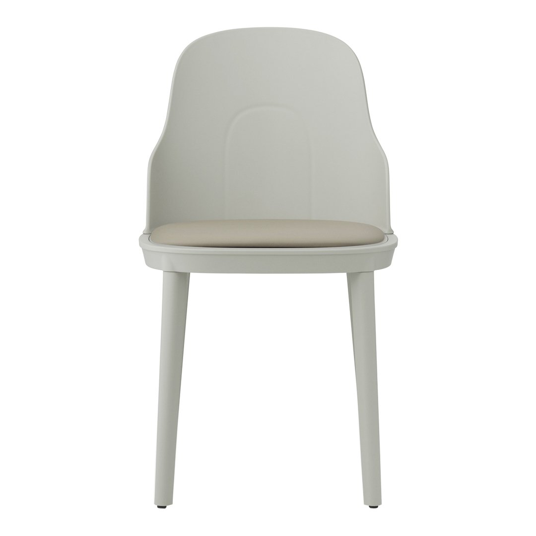 Light gray chair with a smooth finish and beige padded seat, featuring a minimalist design and clean lines.