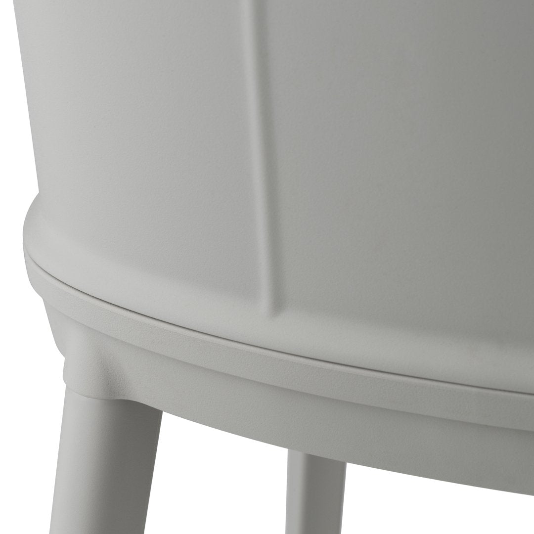 Gray round container with smooth finish and subtle vertical ridges on the body and legs.