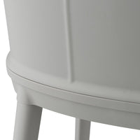Gray round container with smooth finish and subtle vertical ridges on the body and legs.