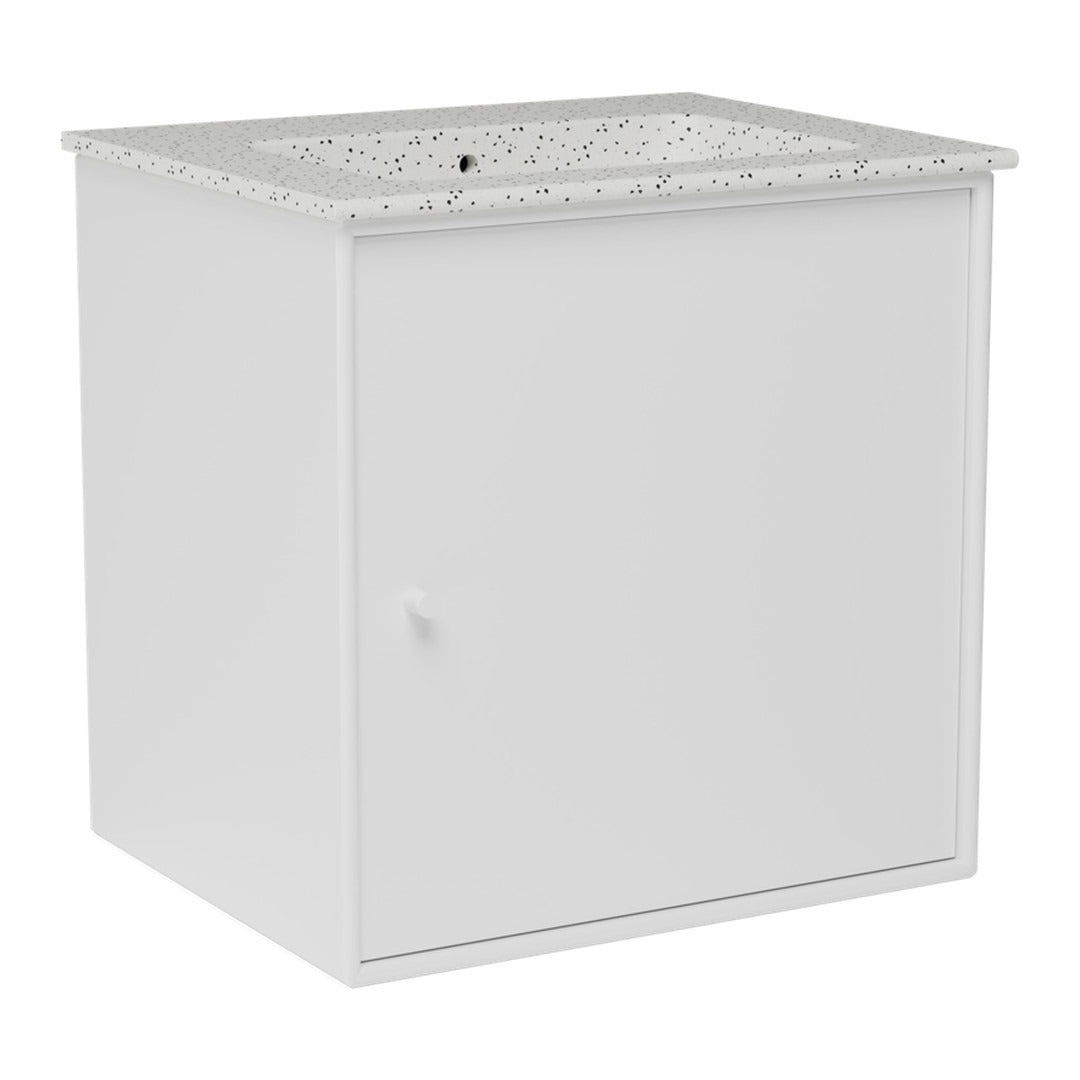 White storage cabinet with a speckled gray countertop, featuring a minimalist design and smooth finish.
