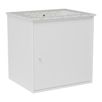 White storage cabinet with a speckled gray countertop, featuring a minimalist design and smooth finish.