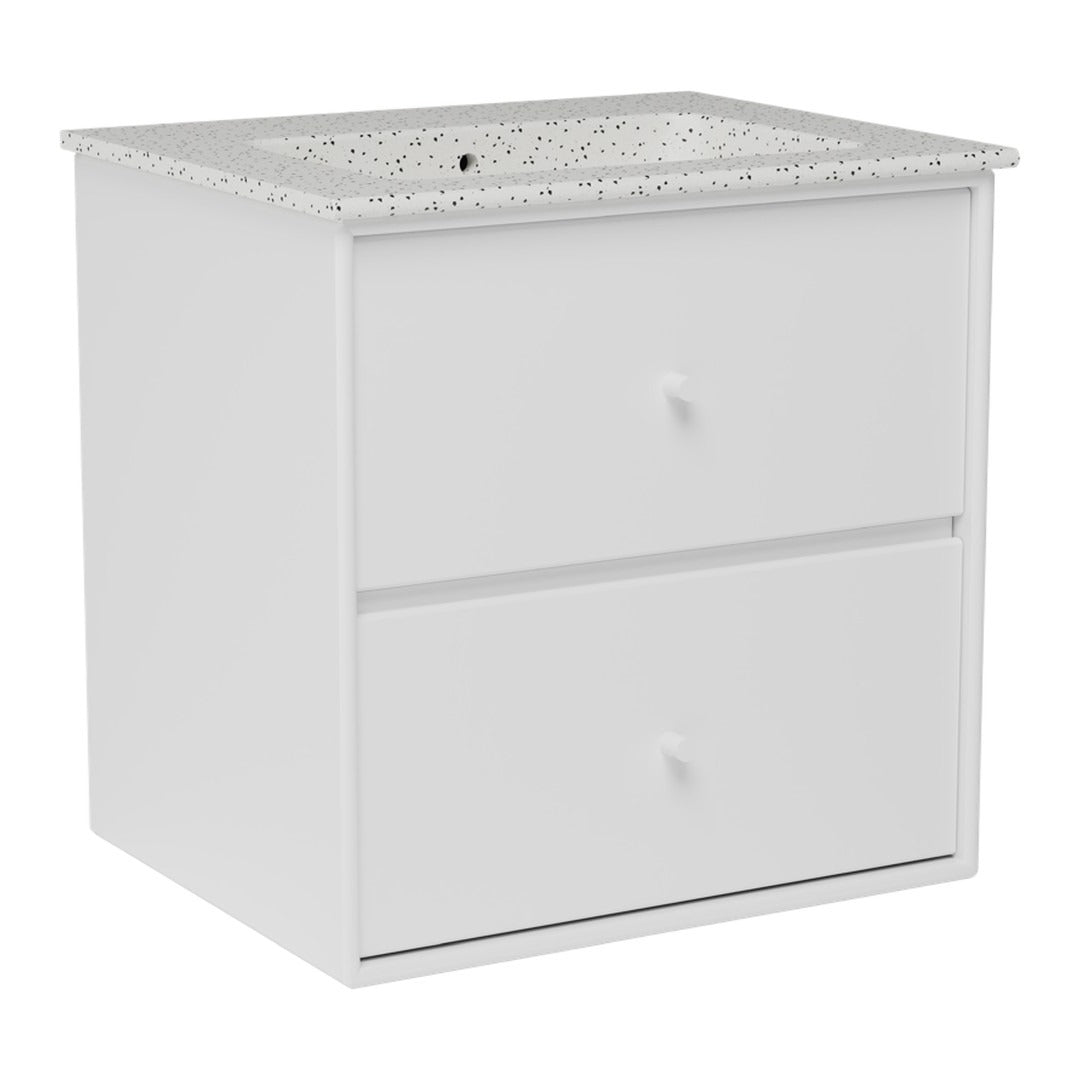 White vanity with a textured gray countertop and two spacious drawers for modern bathroom decor.