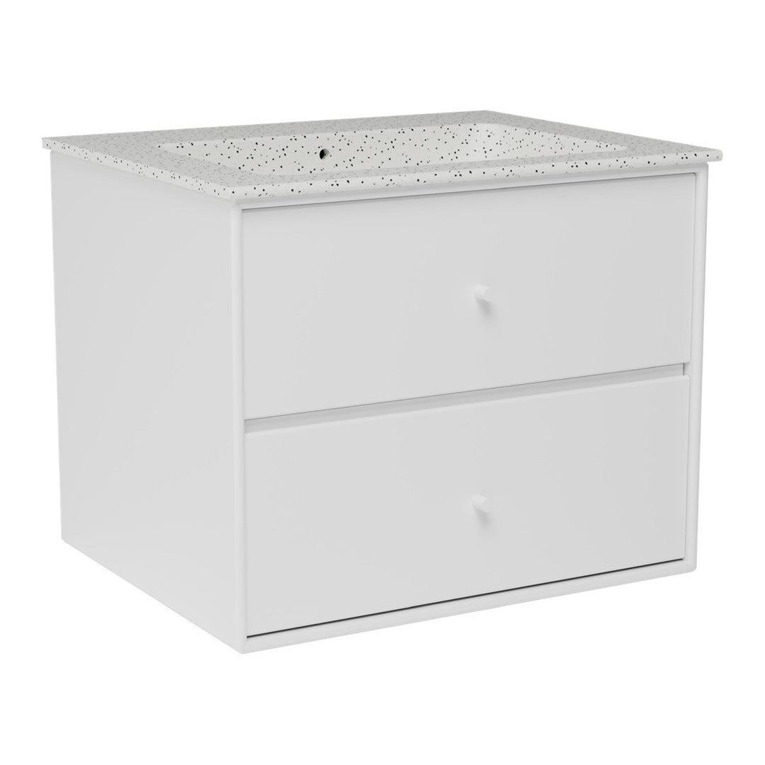 White cabinet with sleek design, featuring a speckled gray and black countertop.