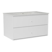 White dresser with a textured gray granite top and smooth white drawers. Modern and stylish design for any room.