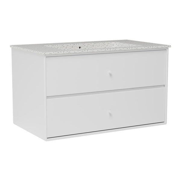 White dresser with a textured gray granite top and smooth white drawers. Modern and stylish design for any room.