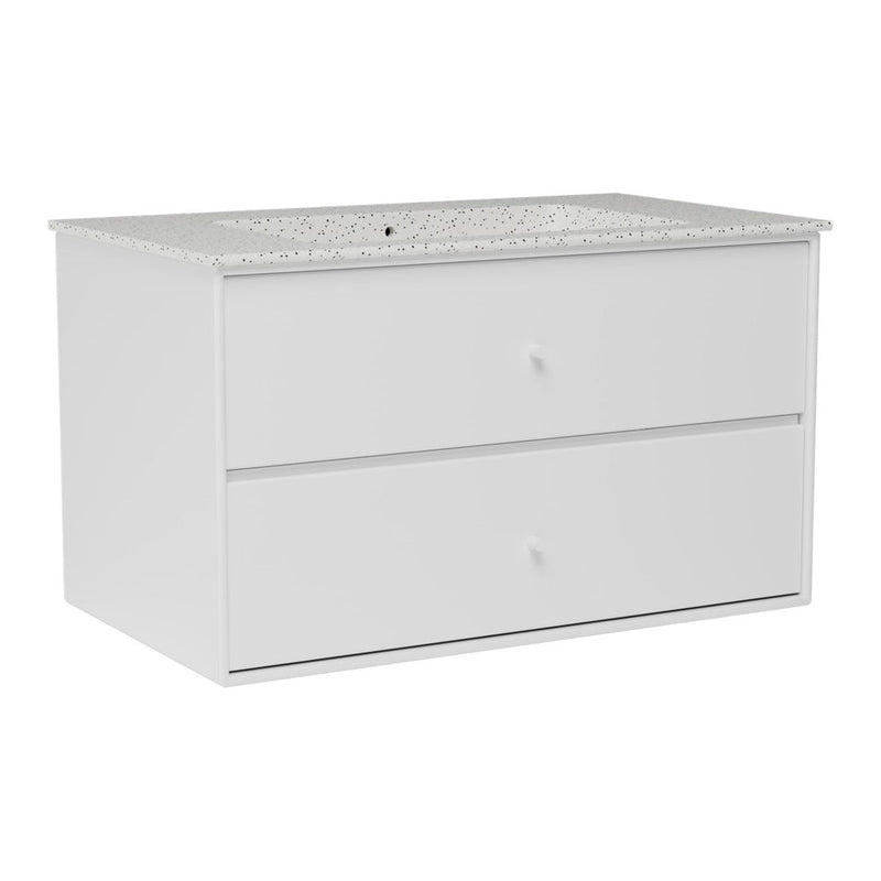 White dresser with a textured gray granite top and smooth white drawers. Modern and stylish design for any room.