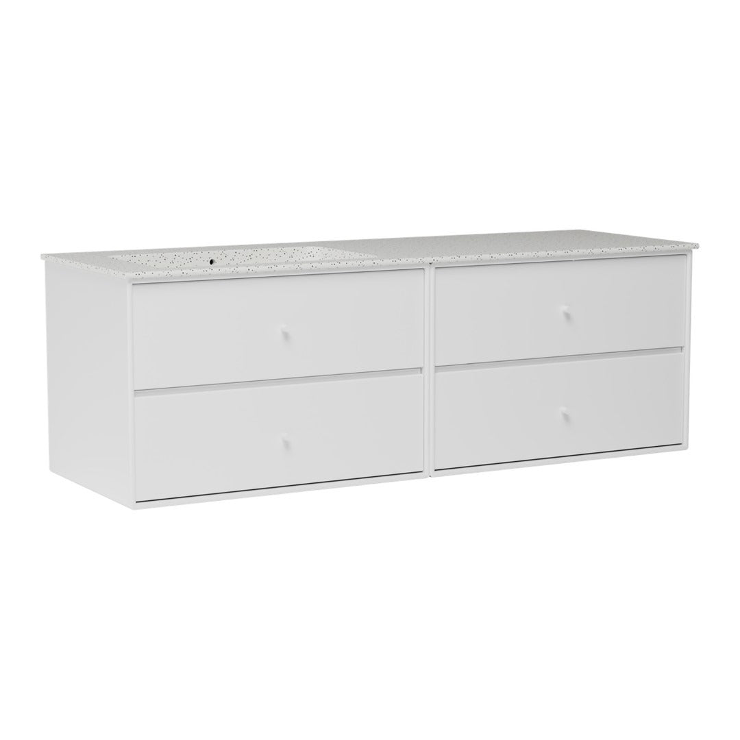 White storage dresser with a smooth top and four spacious drawers, ideal for minimalist decor.