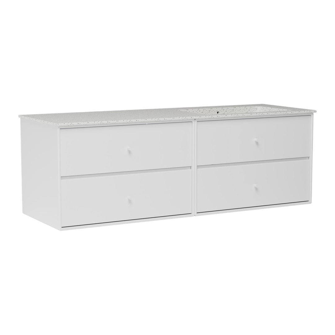 White dresser with a smooth finish and four spacious drawers, featuring simple round knobs. Ideal for modern decor.