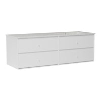White dresser with a smooth finish and four spacious drawers, featuring simple round knobs. Ideal for modern decor.