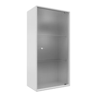 White vertical cabinet with a sleek, modern design and ribbed glass doors for a contemporary look.