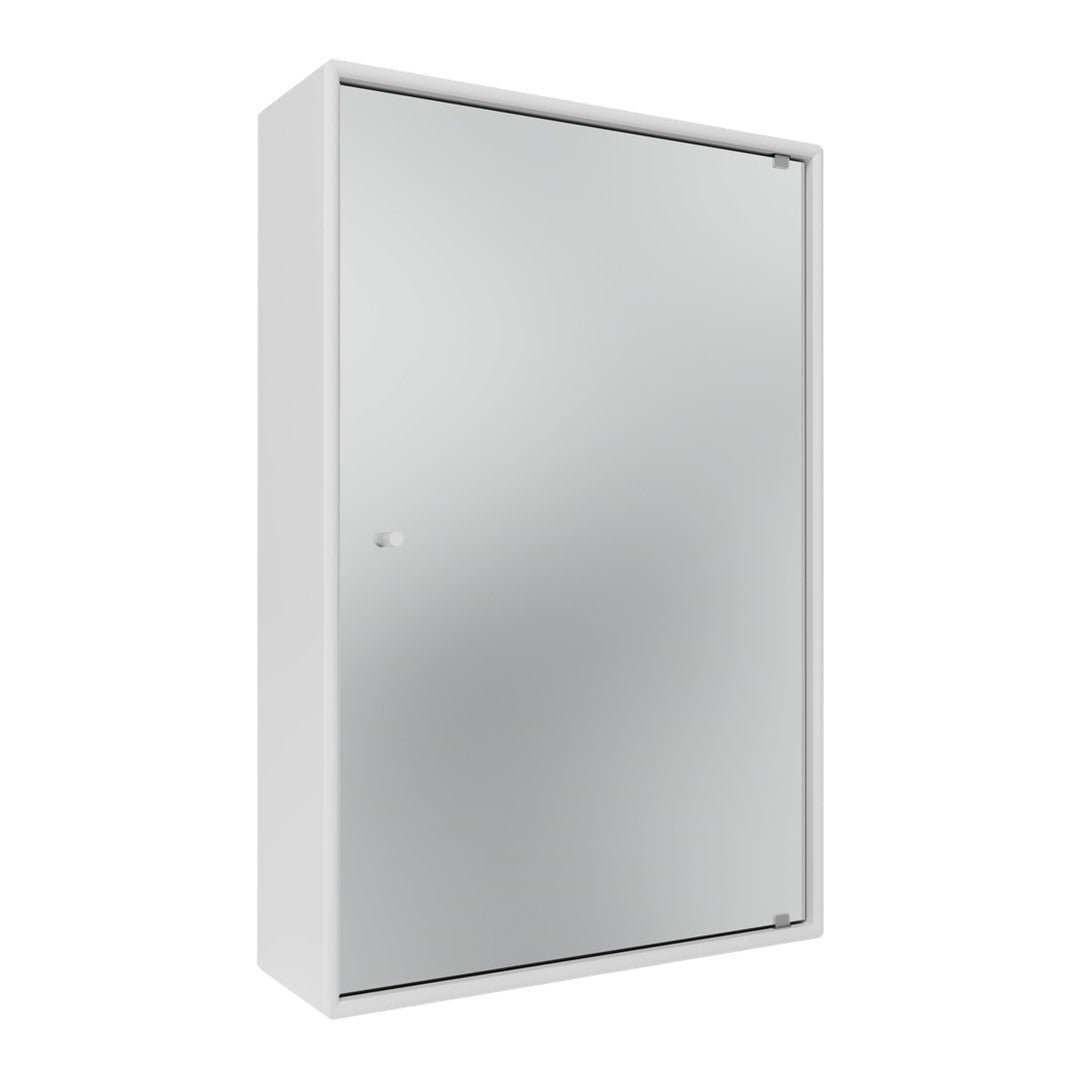 Sleek white cabinet with a smooth, reflective silver mirror surface and minimalist design. Perfect for modern decor.