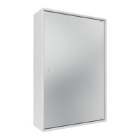 Sleek white cabinet with a smooth, reflective silver mirror surface and minimalist design. Perfect for modern decor.