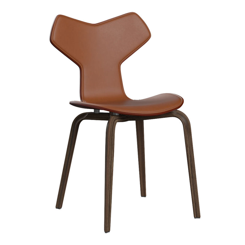 Mid-century modern chair with a unique brown leather seat and dark wooden legs, featuring a minimalist design.