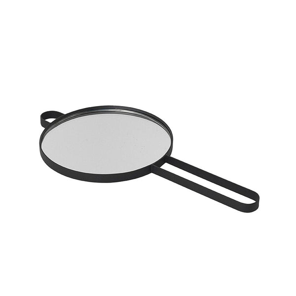 Black round mesh sieve with a smooth, reflective surface and two handles, ideal for kitchen use.