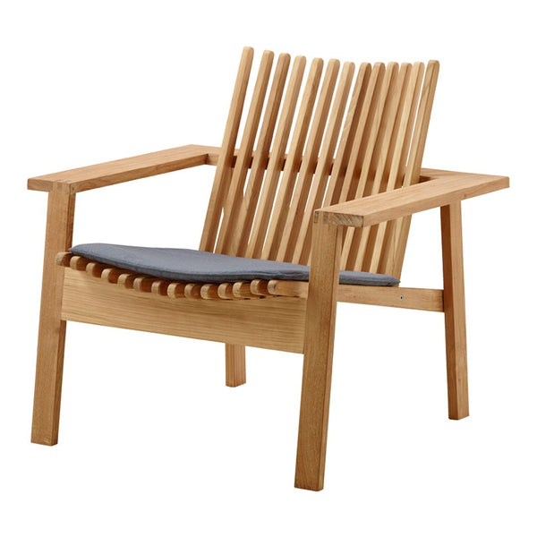 Light natural wood chair with a slatted back and a gray seat cushion, featuring smooth, minimalist design.