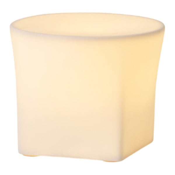 Soft white, illuminated lamp with a smooth, rounded design and contemporary finish. Ideal for modern decor.