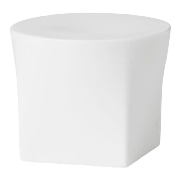 White geometric stool with smooth, clean lines and a minimalist design, perfect for modern decor.