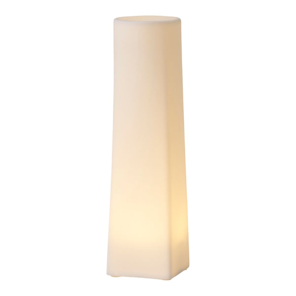 White, minimalist tower lamp with a smooth, sleek finish, softly glowing from within for ambient lighting.