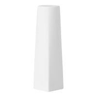 White geometric vase with a smooth, modern finish, featuring a sleek, tapered shape.