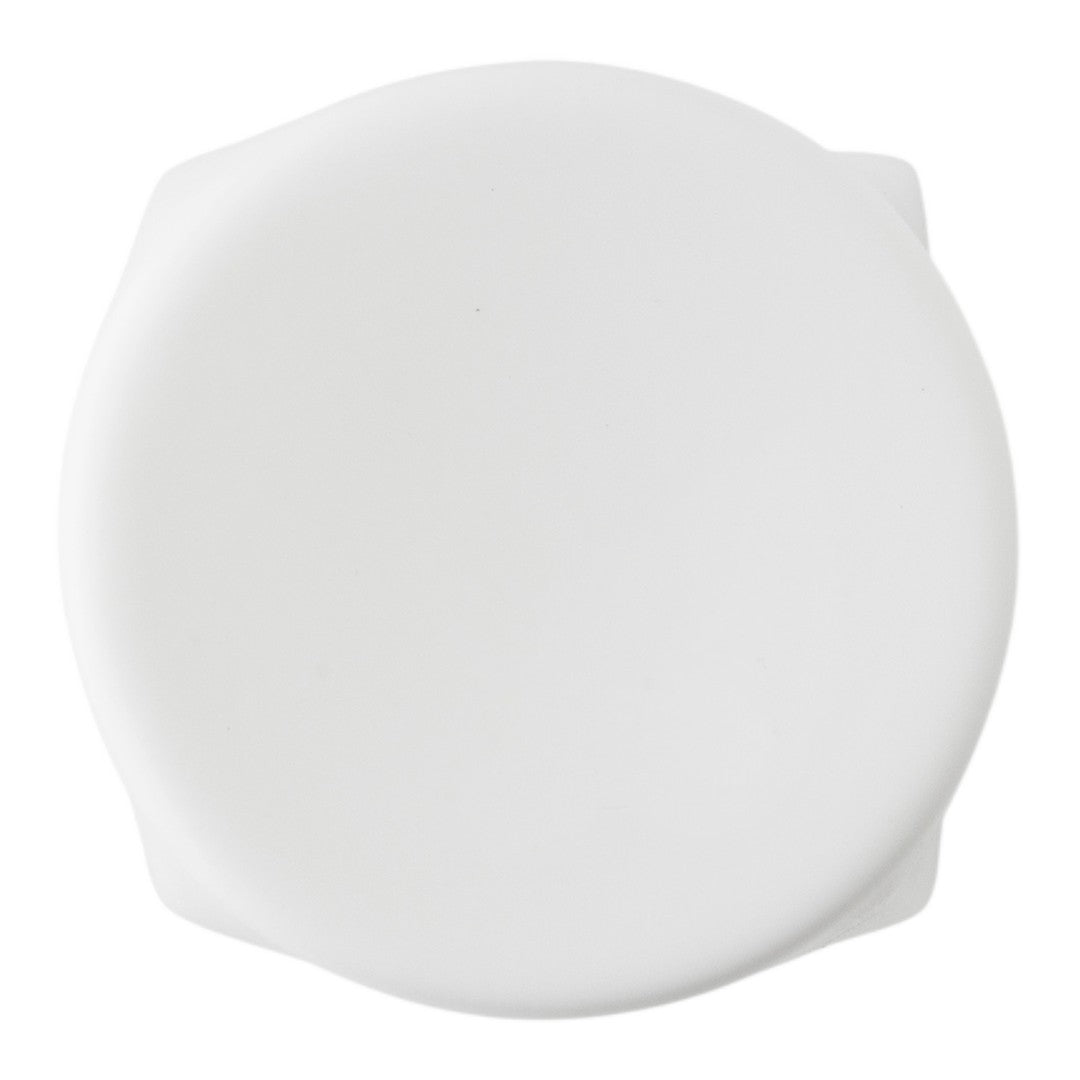 "Simple white round lid with a smooth, glossy finish, featuring subtle curved edges."
