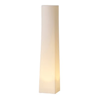Sleek white floor lamp with a smooth, modern design and soft, warm glow illuminating from within.