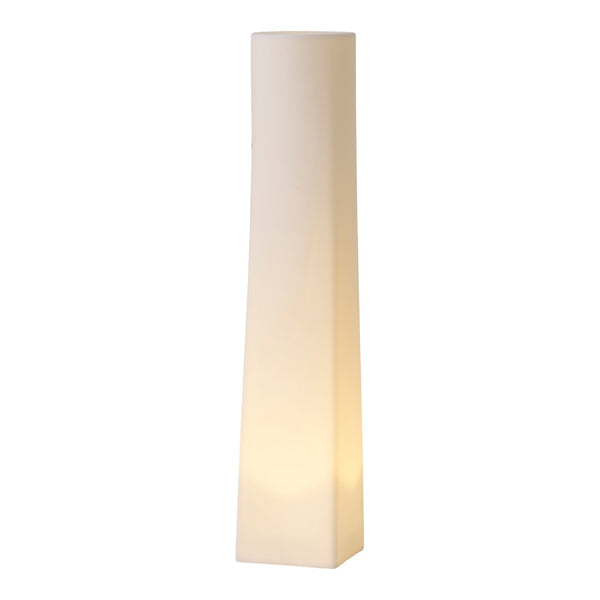 Sleek white floor lamp with a smooth, modern design and soft, warm glow illuminating from within.