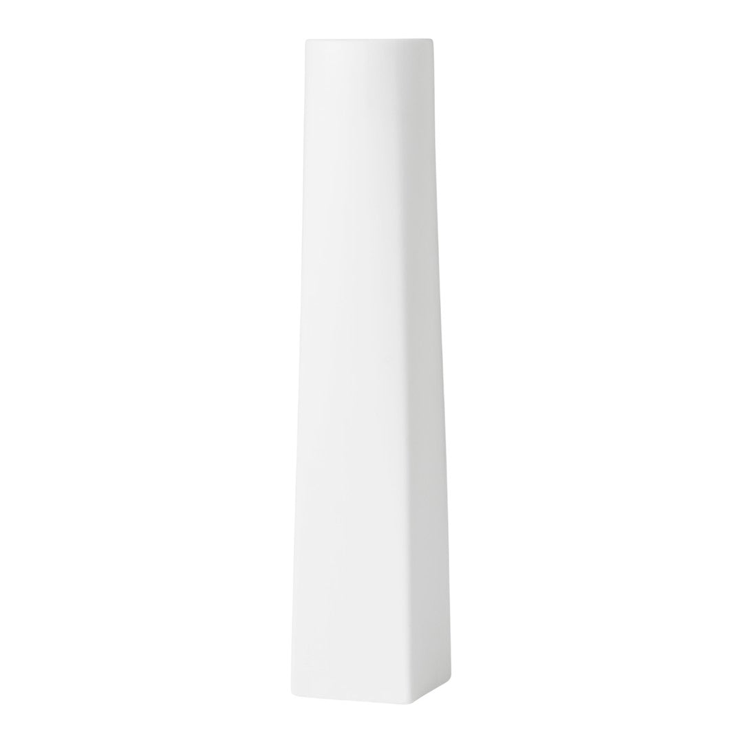 Sleek white decorative vase with a minimalist design and smooth, geometric shape. Perfect for modern decor.