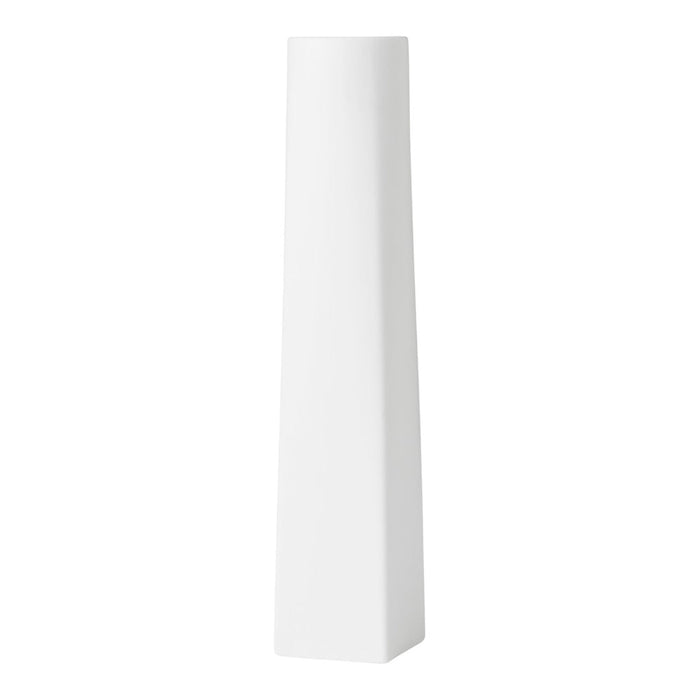 Sleek white decorative vase with a minimalist design and smooth, geometric shape. Perfect for modern decor.