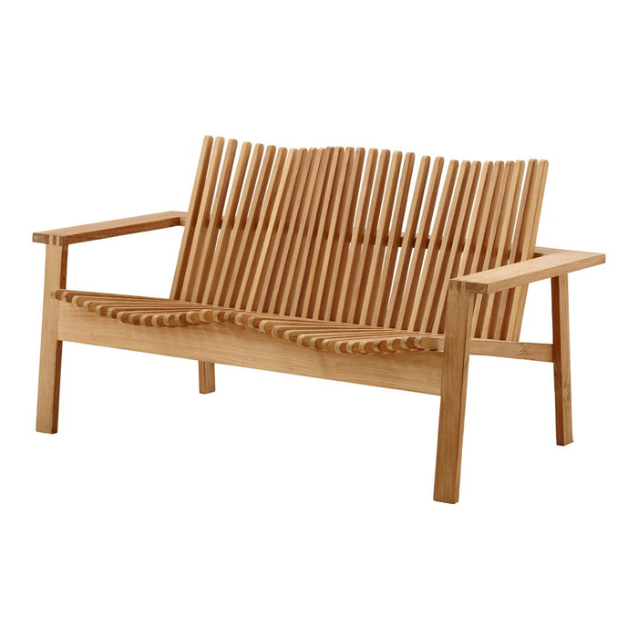 Natural wood two-seater bench with a slatted backrest and armrests, showcasing a clean, minimalist design.