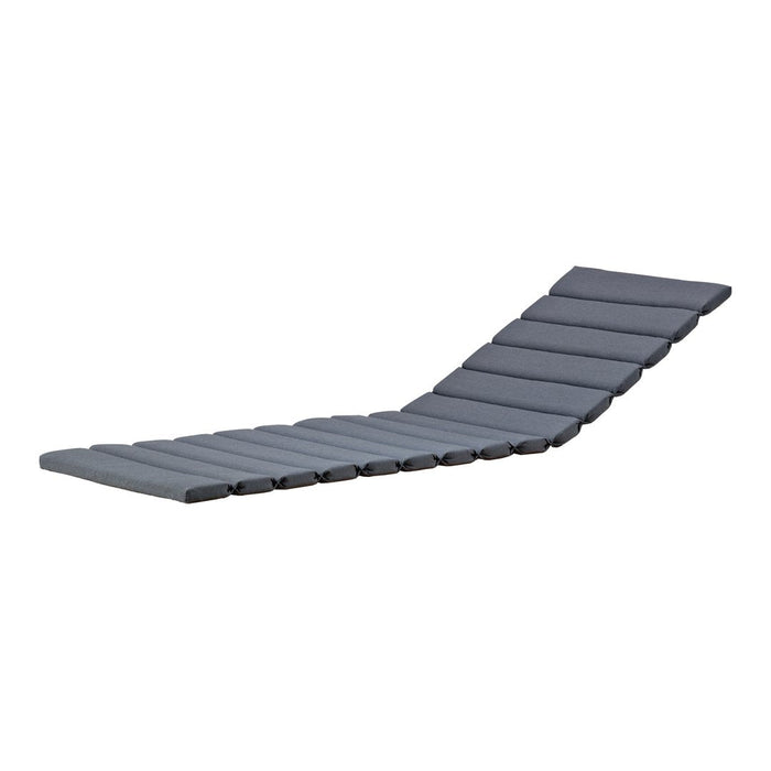 Gray padded chaise lounge featuring a sleek, modern design with horizontal lines and a textured surface.