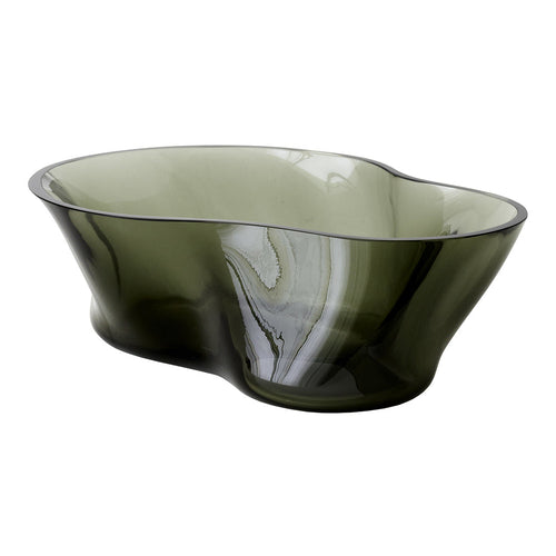 Olive green glass bowl with a stylish, wavy shape and subtle marbled pattern, perfect for modern decor.