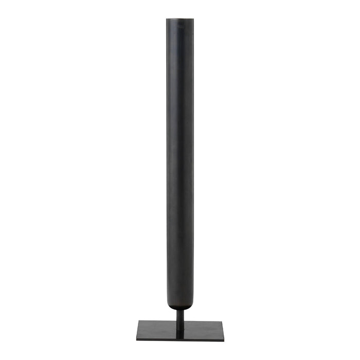 Sleek black metal floor lamp with a smooth cylindrical shade and square base, perfect for modern decor.