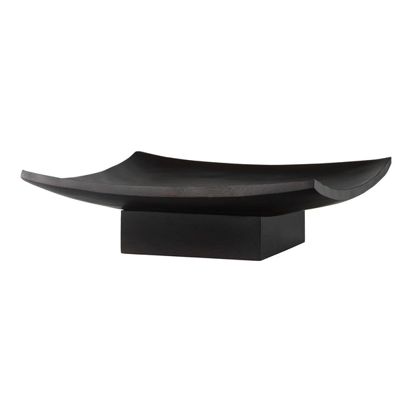 Elegant, dark wooden bowl with smooth, sculptural edges and a matte black finish on a solid base. Perfect for decor.