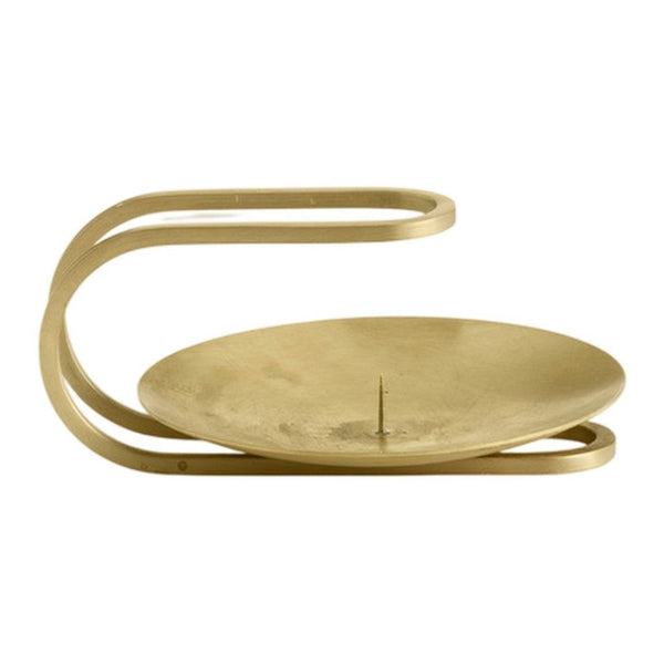 Gold candle holder with a sleek, modern design featuring smooth curves and a polished finish.