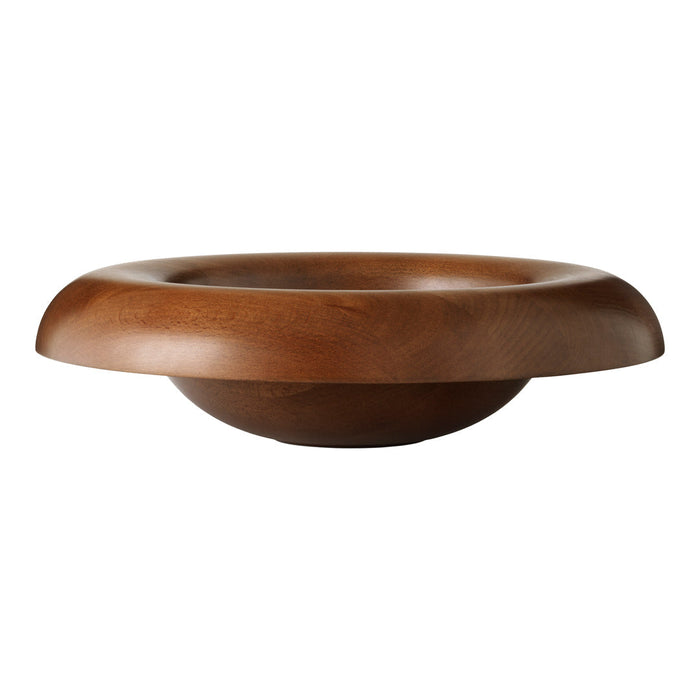 Brown wooden bowl with a smooth, glossy finish and rounded edges, showcasing natural wood grain patterns.