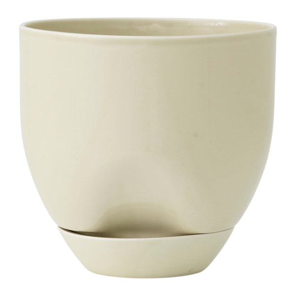 Cream ceramic planter with a smooth, glossy finish and a matching saucer, featuring a minimalist design.