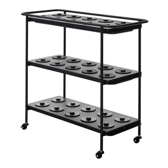 Black rolling cart with three shelves featuring a unique circular hole pattern. Sleek and modern design.