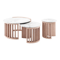 Three modern coffee tables featuring white marble tops and natural wood bases with vertical slat patterns.