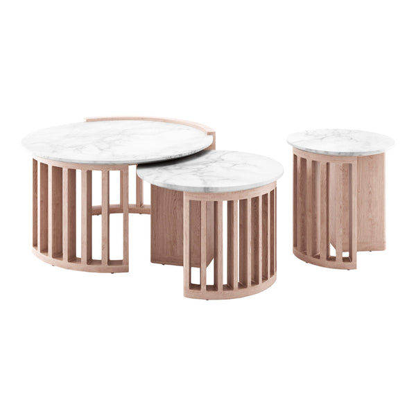 Set of three coffee tables featuring marble tops and sleek wooden bases, showcasing a modern, minimalist design.