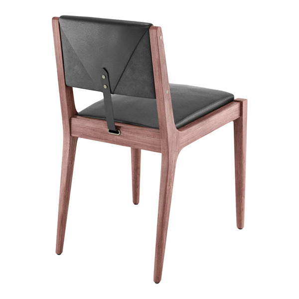Stylish black leather seat with a warm wood finish and contrasting back strap detail. Modern and functional design.